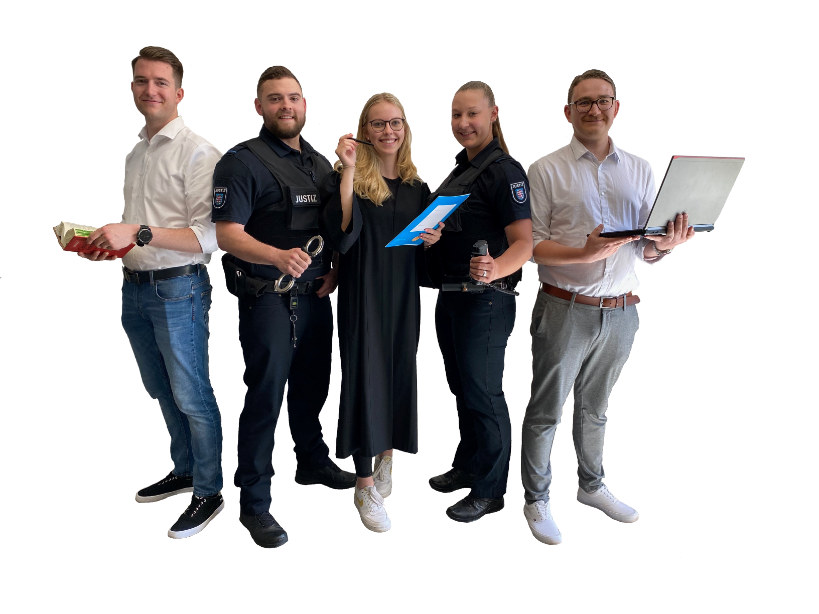 Symbolbild: Ausbildung. Junge Menschen stehen mit Gesetzestexten, Notebook und Handschellen in der Hand für die verschiedenen Ausbildungsrichtungen in der Thüringer Justiz (Bildrechte beim Thüringer Oberlandesgericht).