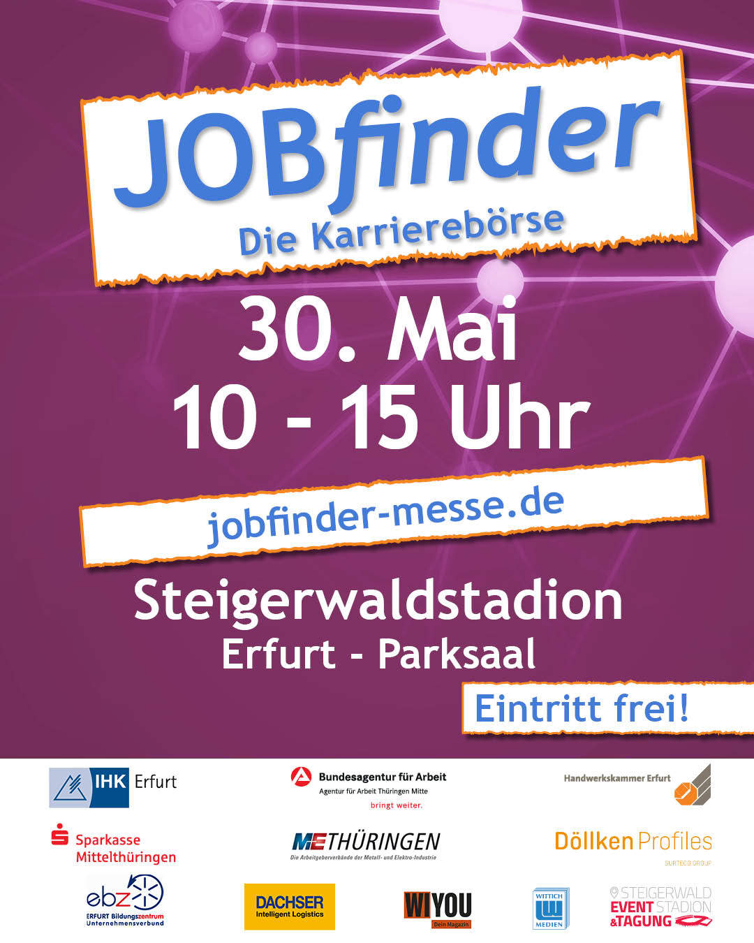 Flyer zur Karrierebörse "Jobfinder" am 30. Mai 2026 von 10:00 Uhr bis 15:00 Uhr im Parksaal des Erfurter Steigerwaldstadions.