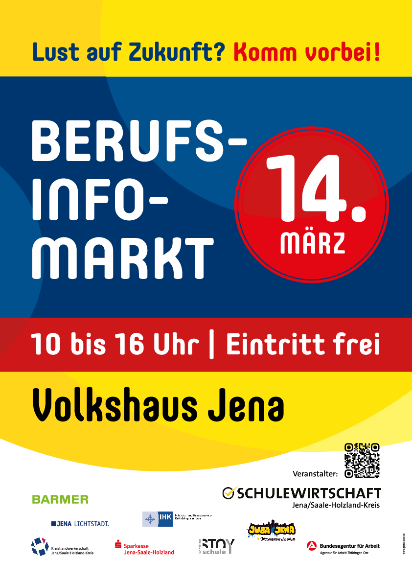 Flyer zum 31. Berufs-Info-Markt XXL am 14.03.2026 im Volkshaus Jena.
