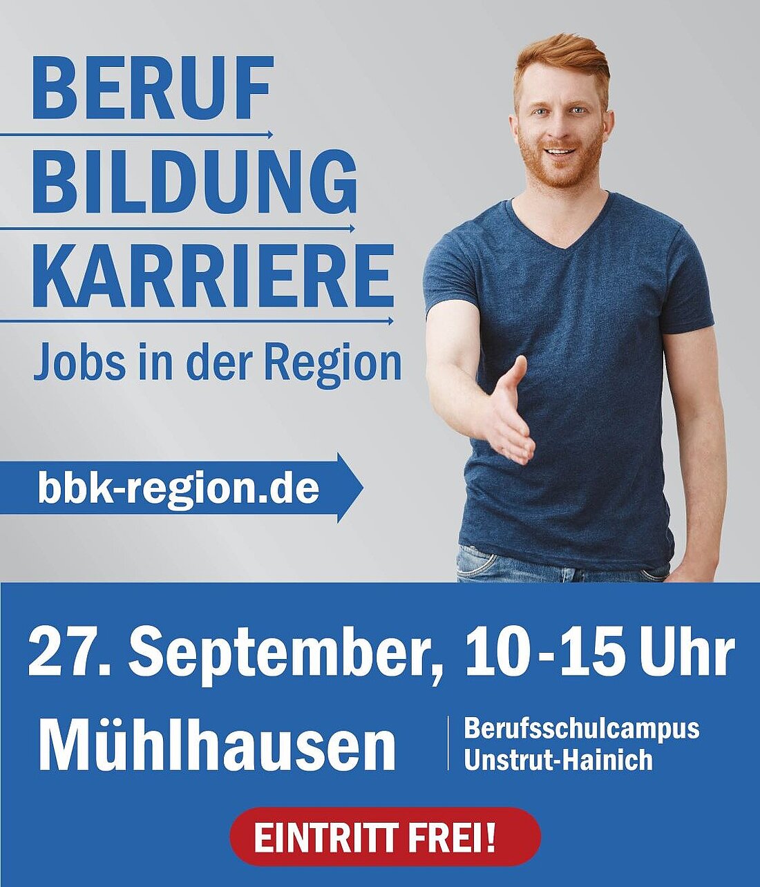 Symbolbild Ausbildungsmesse Beruf.Bildung.Karriere am 27.09.2025 in Mühlhausen in dessen Mittelpunkt ein freundlich blickender Mann steht, der seine Hand zur Begrüßung ausstreckt. Symbolbild Ausbildungsmesse Beruf.Bildung.Karriere am 27.09.2025 in Mühlhausen in dessen Mittelpunkt ein freundlich blickender Mann steht, der seine Hand zur Begrüßung ausstreckt.