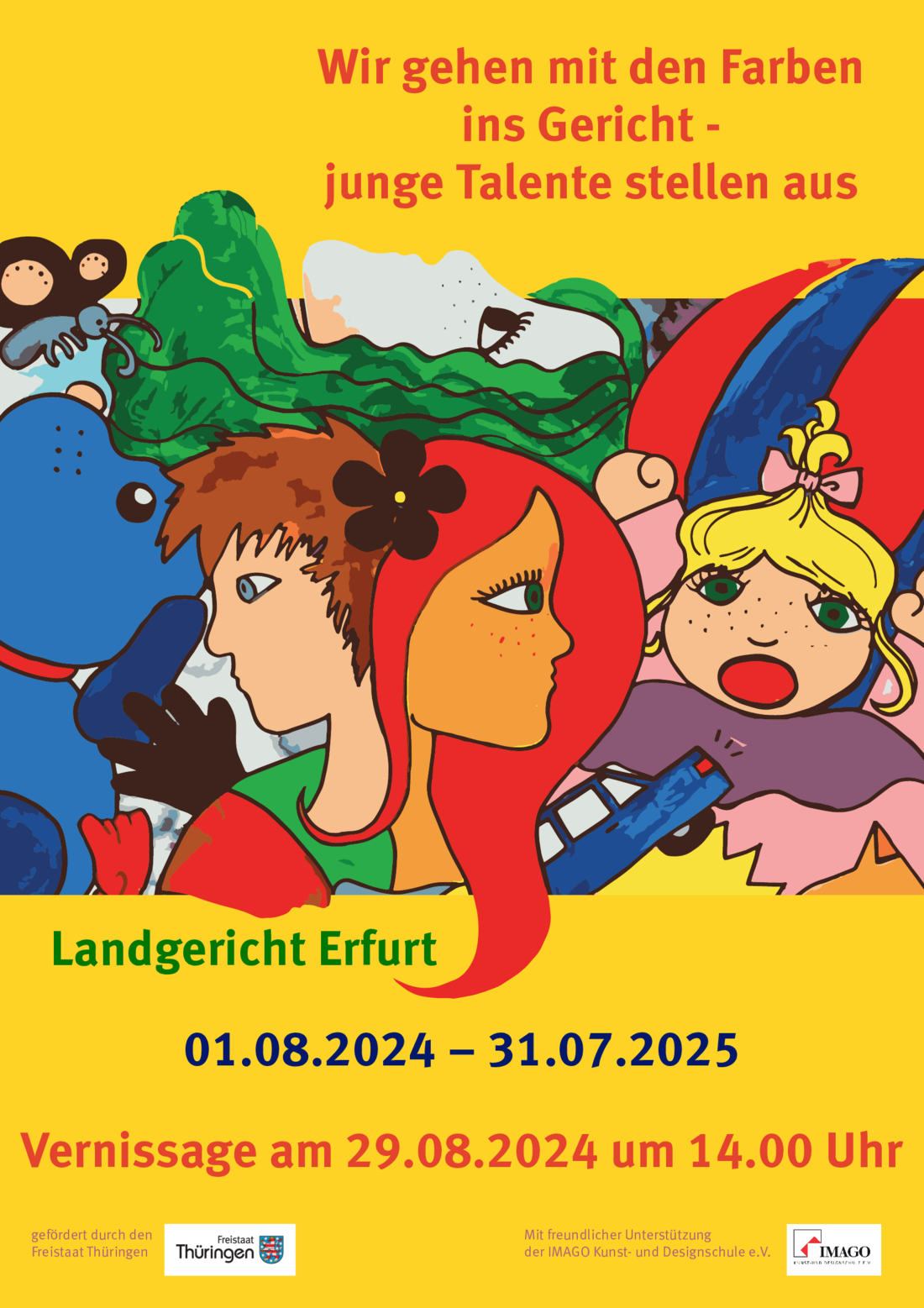 Plakat zur Vernissage am Landgericht Erfurt am 29.08.2024 um 14:00 Uhr. Plakat zur Vernissage am Landgericht Erfurt am 29.08.2024 um 14:00 Uhr. Das fröhlich bunte Plakat zeigt in alle Richtungen schauende Kindergesichter.