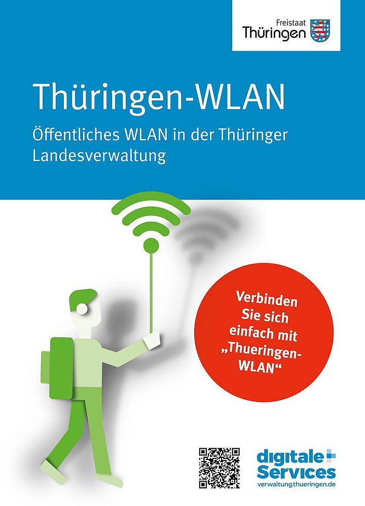 Plakat zum Projekt "Öffentliches Thüringen WLAN". Ein grünes Männchen läuft mit einem erhobenem Stab in der Hand an dessen oberen Ende das Bluetooth-Zeichen ist. Plakat zum Projekt "Öffentliches Thüringen WLAN". Ein grünes Männchen läuft mit einem erhobenen Stab in der Hand an dessen oberen Ende das Bluetooth-Zeichen ist.