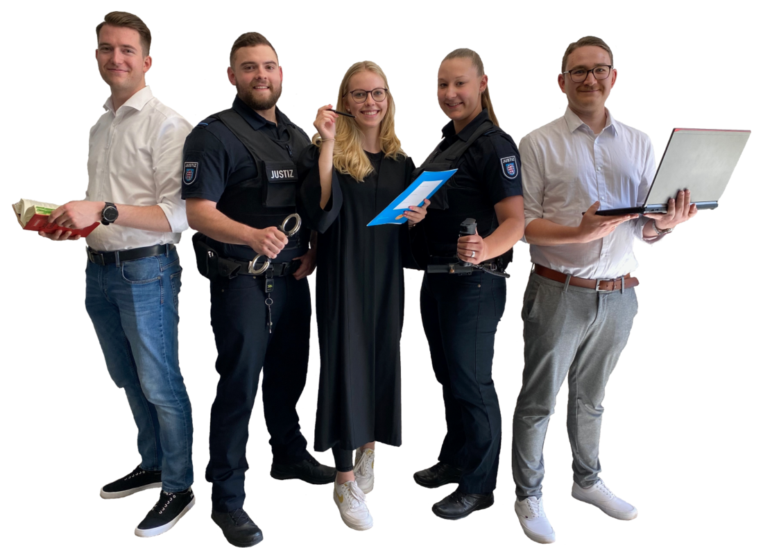 Symbolbild: Ausbildung. Junge Menschen stehen mit Gesetzestexten, Notebook und Handschellen in der Hand für die verschiedenen Ausbildungsrichtungen in der Thüringer Justiz (Bildrechte beim Thüringer Oberlandesgericht).